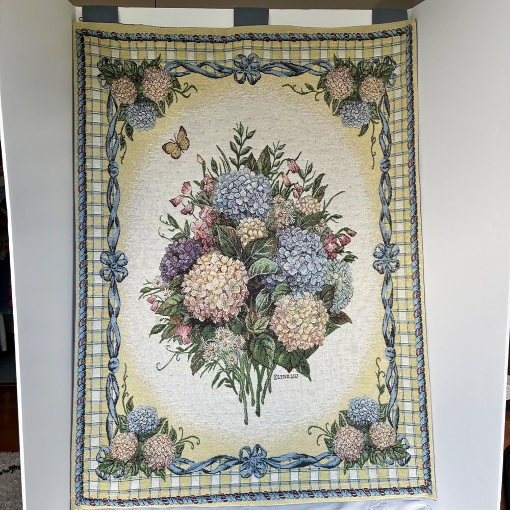 Lena Liu Floral Tapestry Wall Hanging Hydrangea Butterfly Cottage Shabby Chic